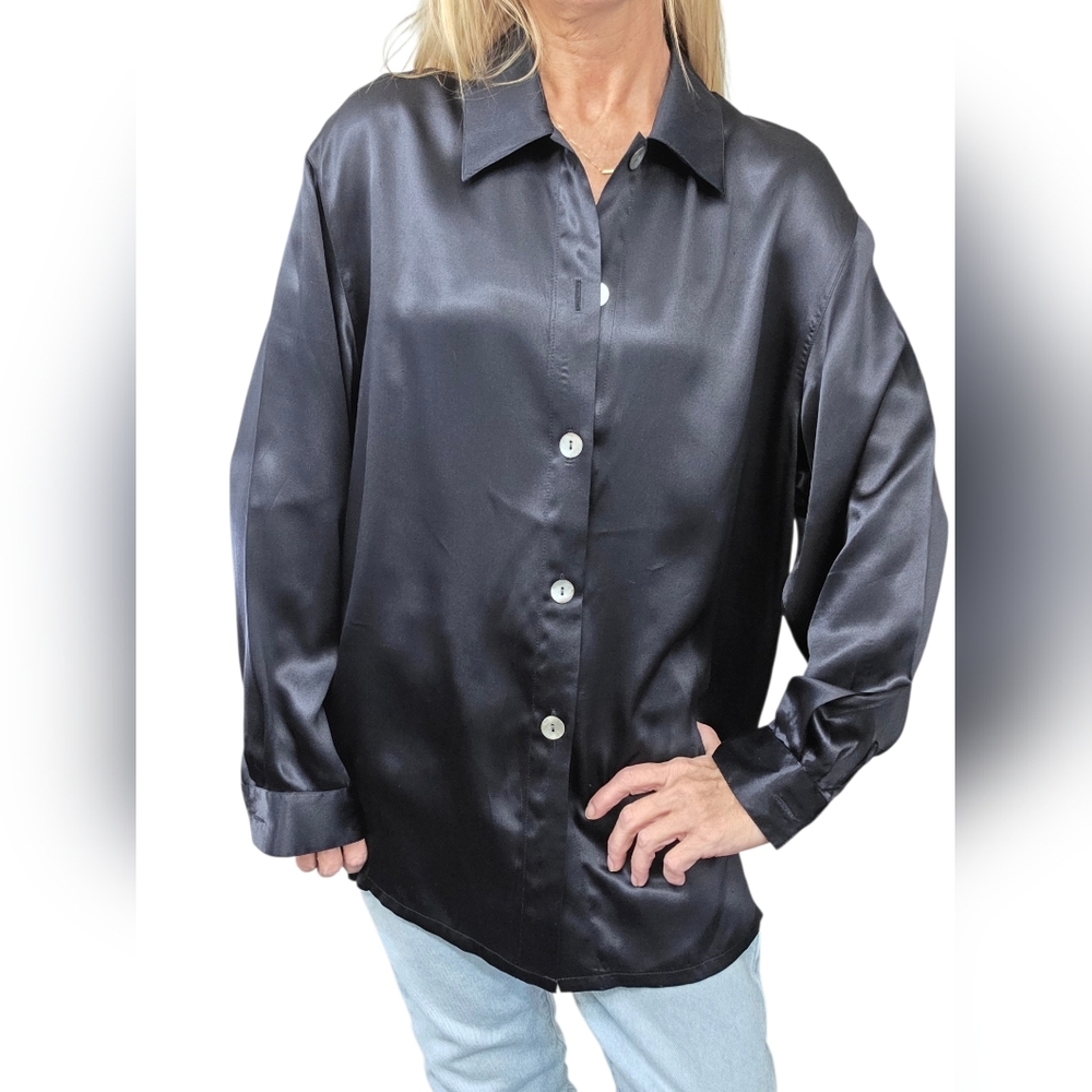 Studio JPR 100% Silk Satin Blouse M Black Oversized Button Down Late 90s Y2K